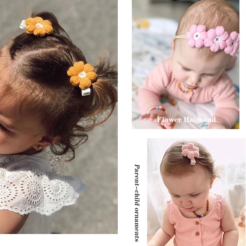 Vintage Baby Nylon Headbands Handmade Crochet Flowers Woolen Kid Elastic Hairbands Girls Hair Clips Children  Hair Accessories