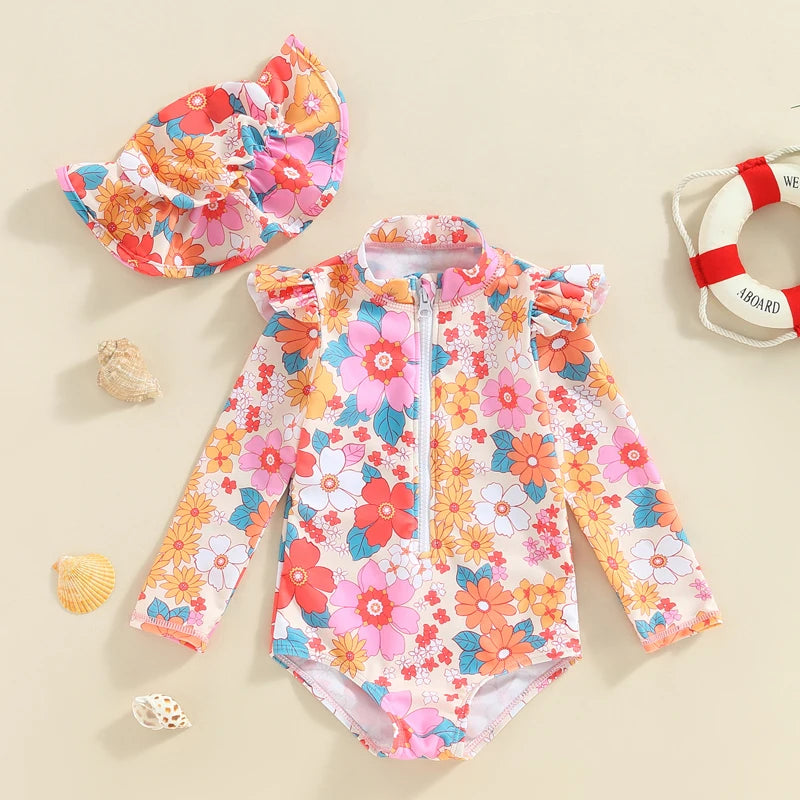 EWODOS 0-3 Years Toddler Baby Girls Summer Swimsuit Kids Swimwear Casual Long Sleeve Floral Print Beachwear Bathing Suit + Hat