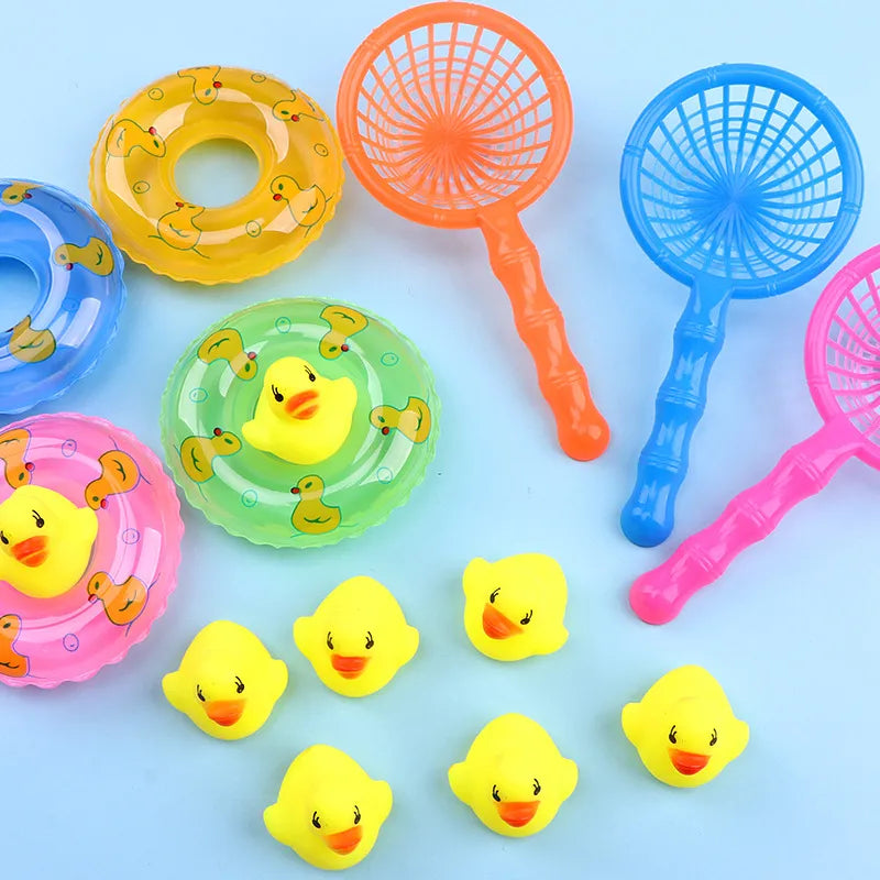 Kids Floating Bath Toys Mini Swimming Rings Rubber Yellow Ducks Fishing Net Washing Swimming Toddler Toys Water Fun