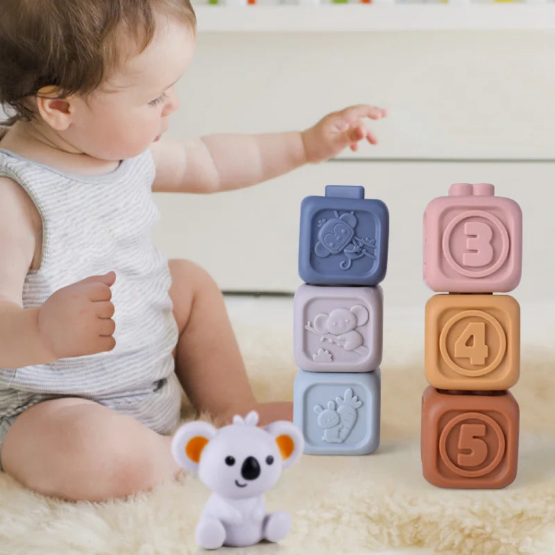 Montessori Baby Blocks Toy for Newborns 0 12 Months Silicone Soft Cubes for Babies Boy 1 Year Stacking Bath Toy Teethers Rattles