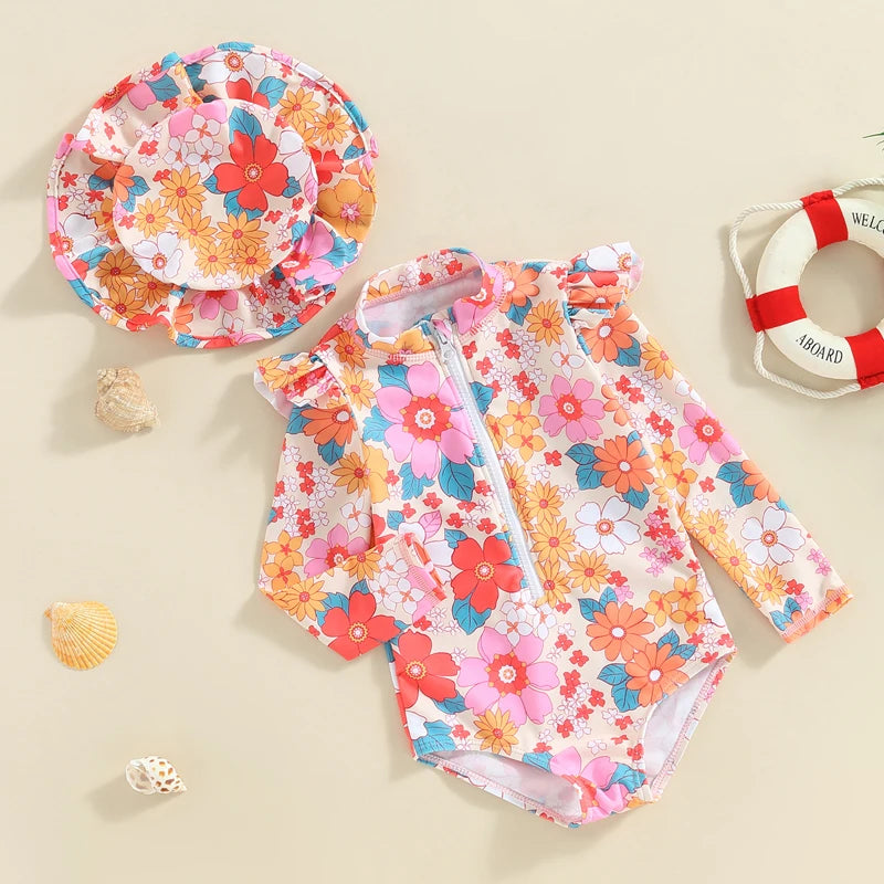 EWODOS 0-3 Years Toddler Baby Girls Summer Swimsuit Kids Swimwear Casual Long Sleeve Floral Print Beachwear Bathing Suit + Hat
