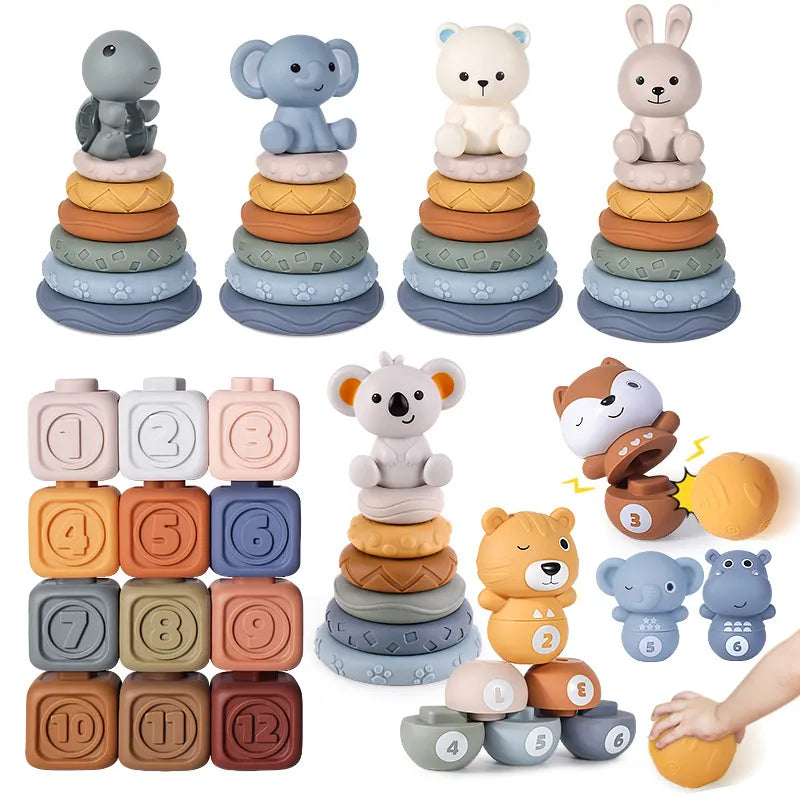 Montessori Baby Blocks Toy for Newborns 0 12 Months Silicone Soft Cubes for Babies Boy 1 Year Stacking Bath Toy Teethers Rattles