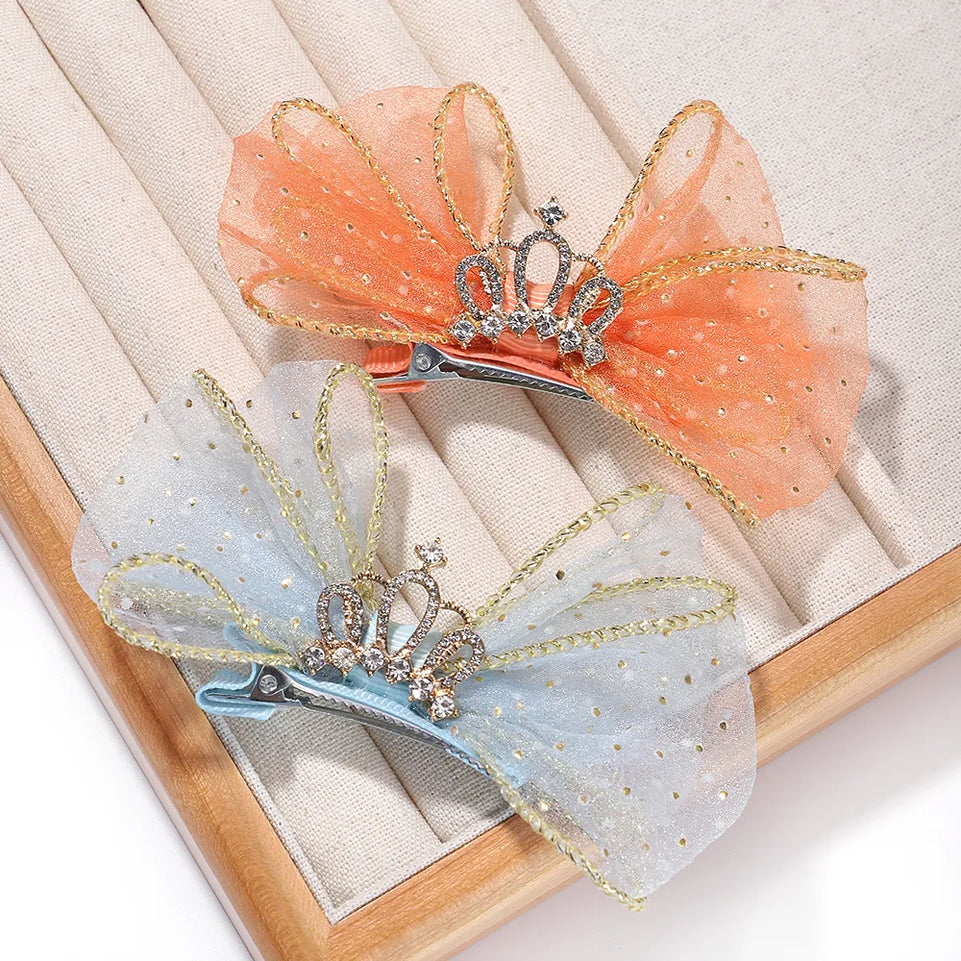 2pcs Girls Hair Clips Lovely Organza Bow Hairpins For Kids Barrettes Zircon Crown Hair Ornaments Children Baby Hair Accessories